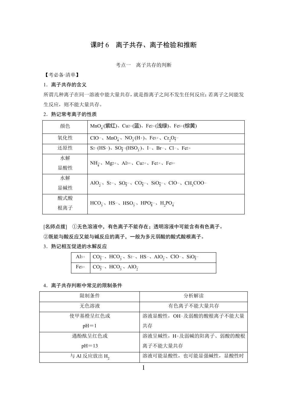 高中化学离子共存离子检验和推断_第1页