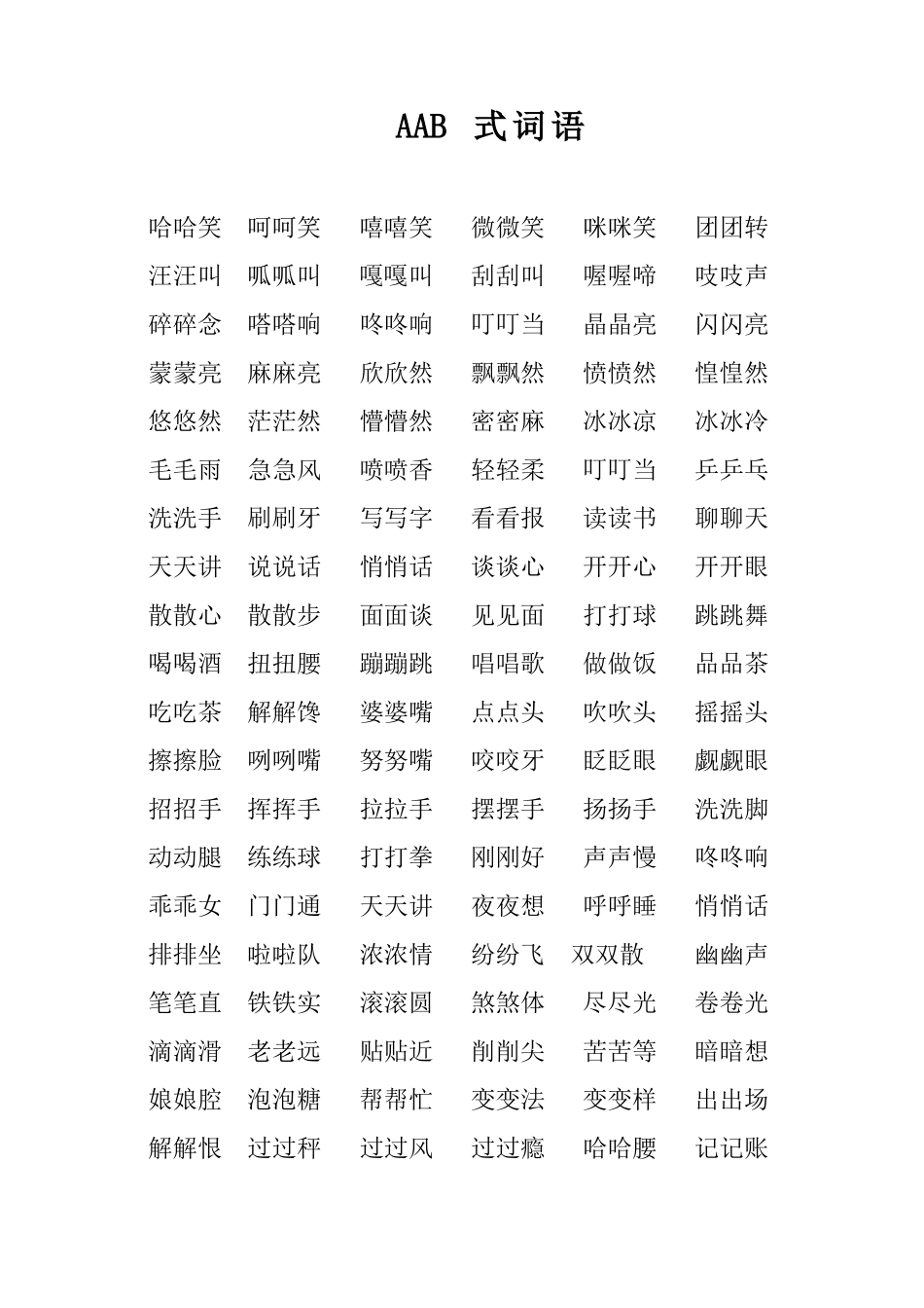 小学阶段必考AAB式ABB式AABB形式ABCC形式AABC形式ABAB形式ABAC形式重叠词语_第1页