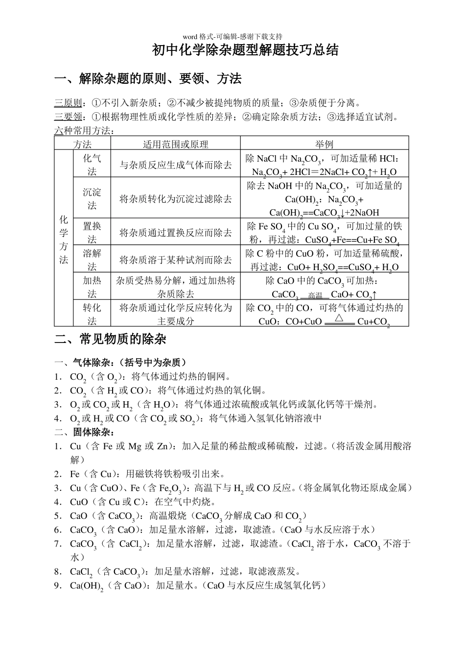 初中化学除杂专题可直接打印_第1页