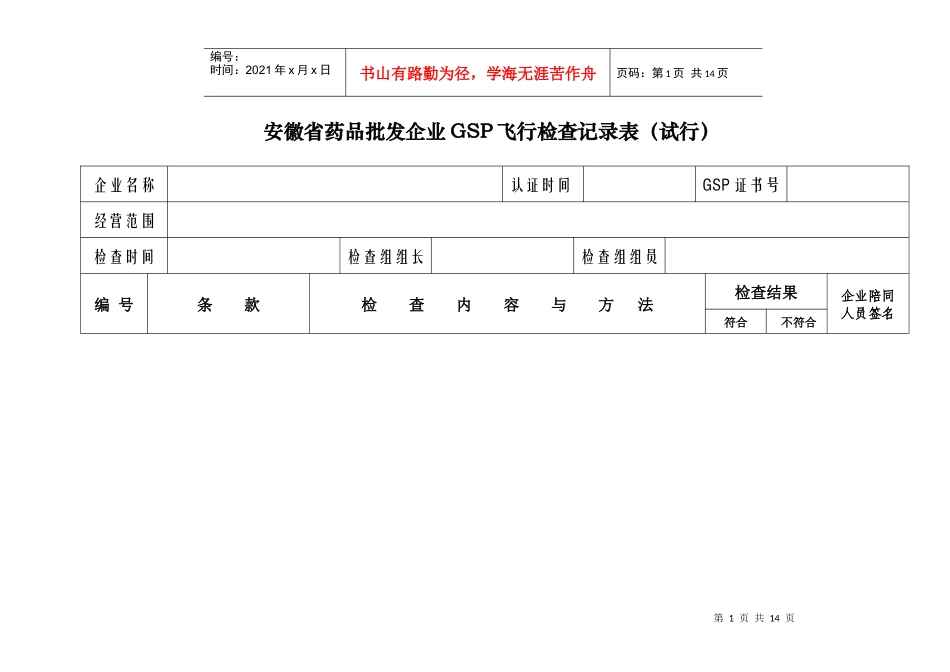 安徽省药品批发企业gsp飞行检查记录表（试行）_第1页