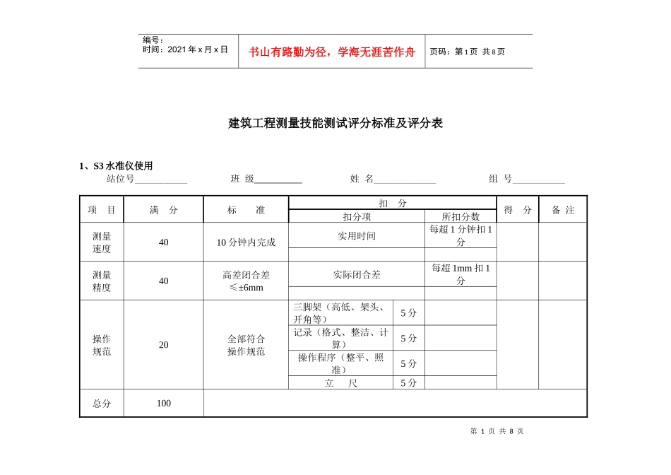 建筑工程测量技能测试评分标准及评分表_第1页