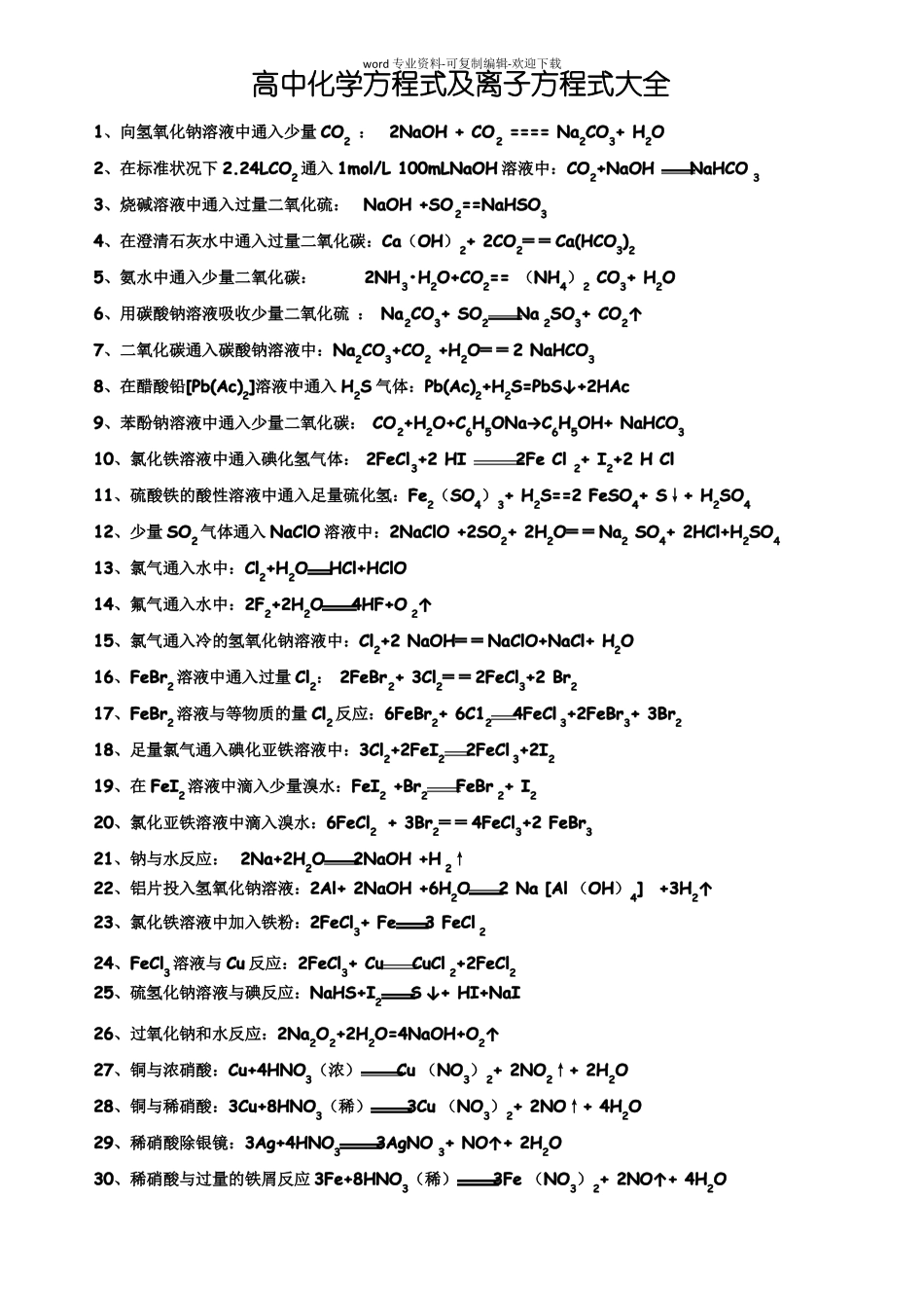 高中化学方程式及离子方程式大全_第1页