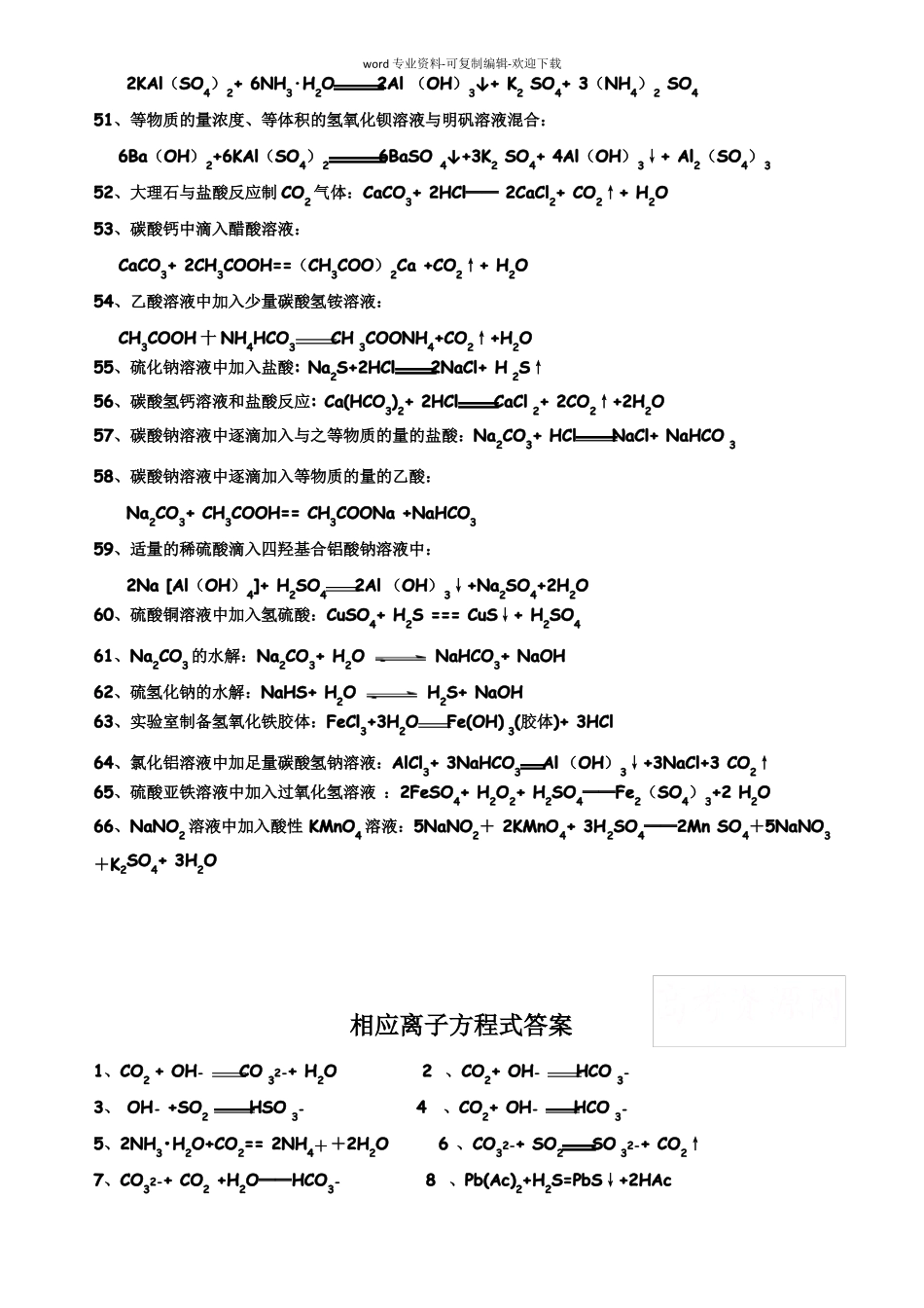 高中化学方程式及离子方程式大全_第3页
