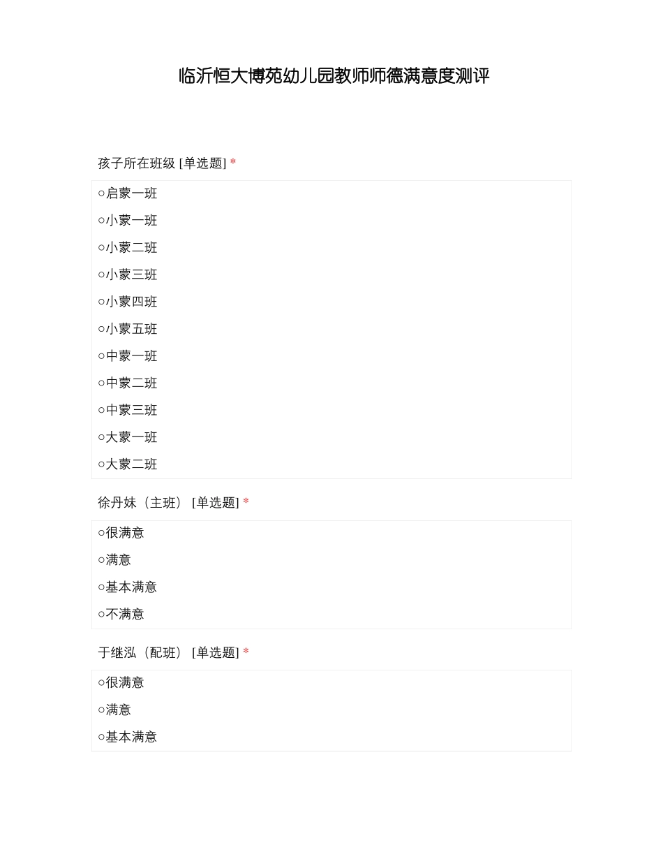 临沂恒大博苑幼儿园教师师德满意度测评_第1页