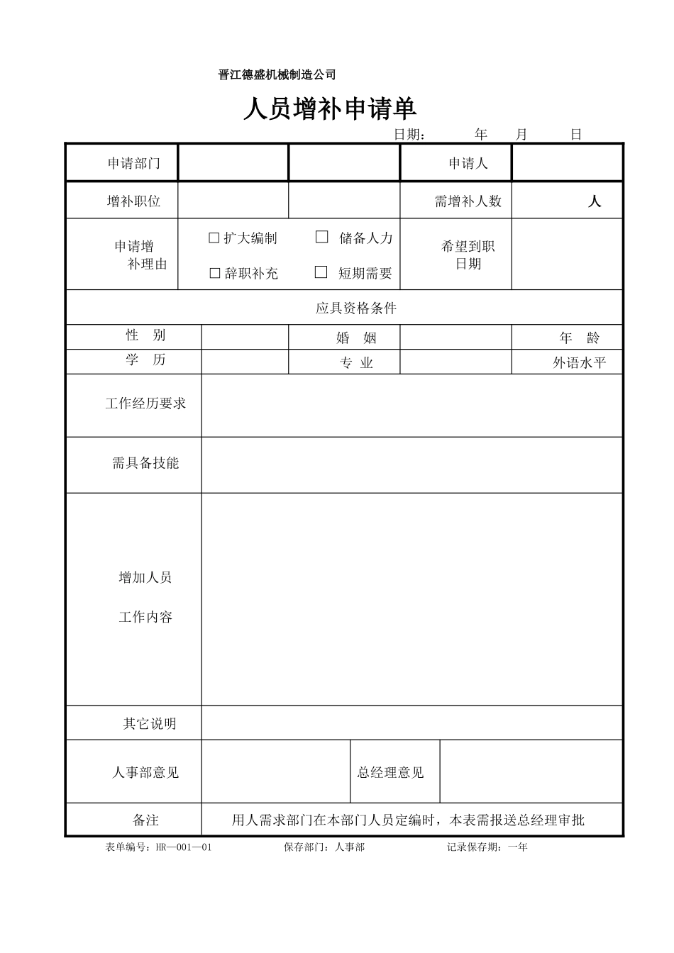 晋江德盛机械制造公司人力资源管理表格汇编_第1页