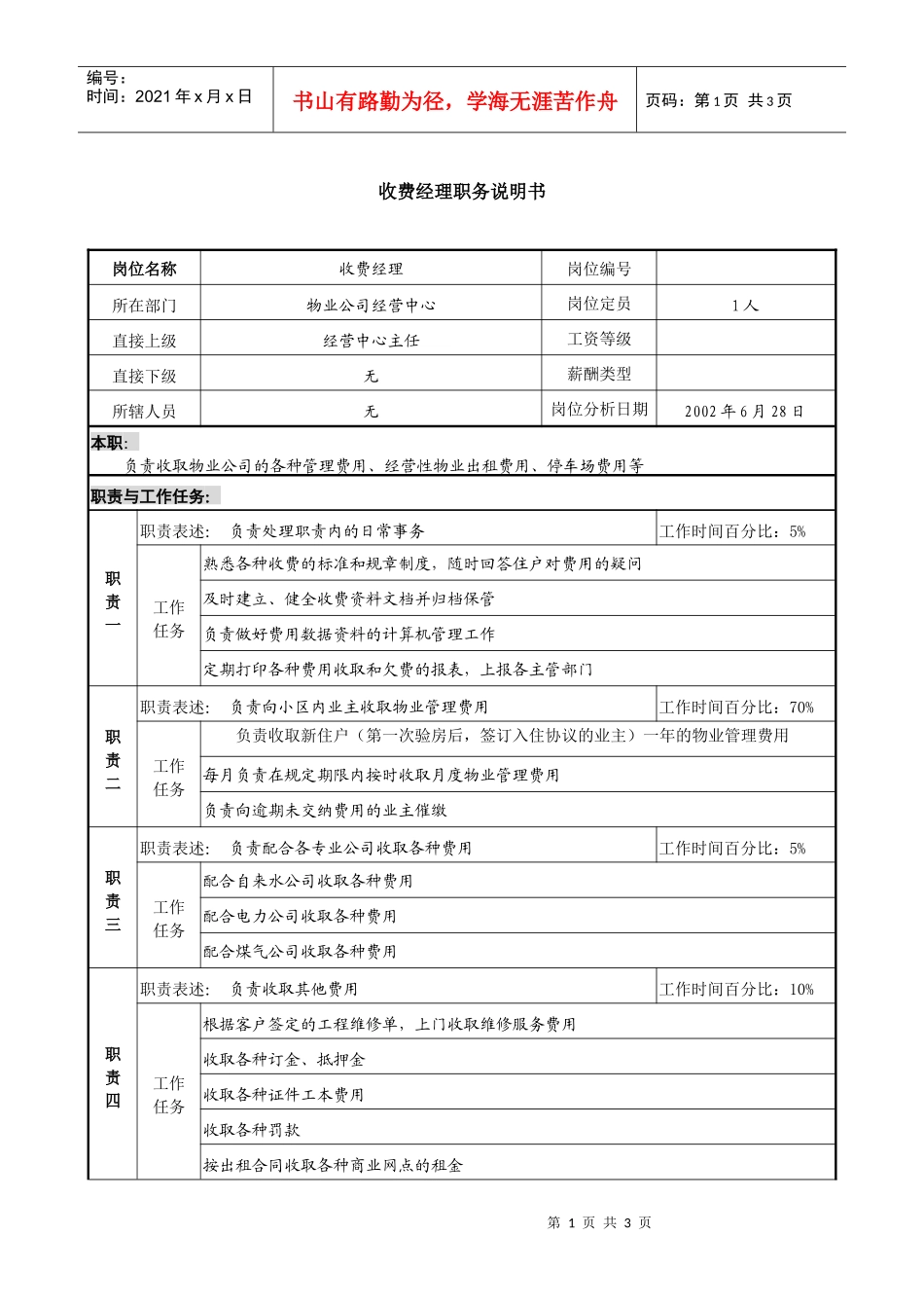 物业公司收费经理职务说明书_第1页