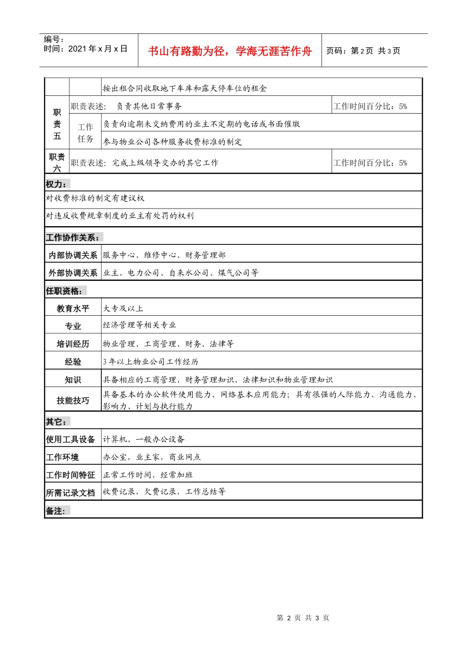 物业公司收费经理职务说明书_第2页