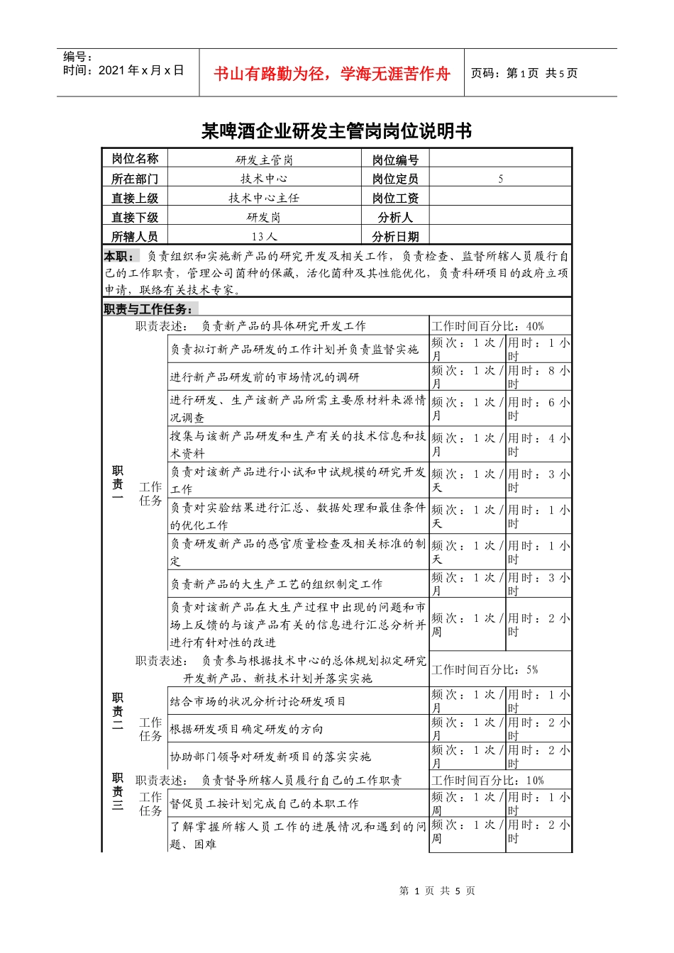 某啤酒企业研发主管岗岗位说明书_第1页
