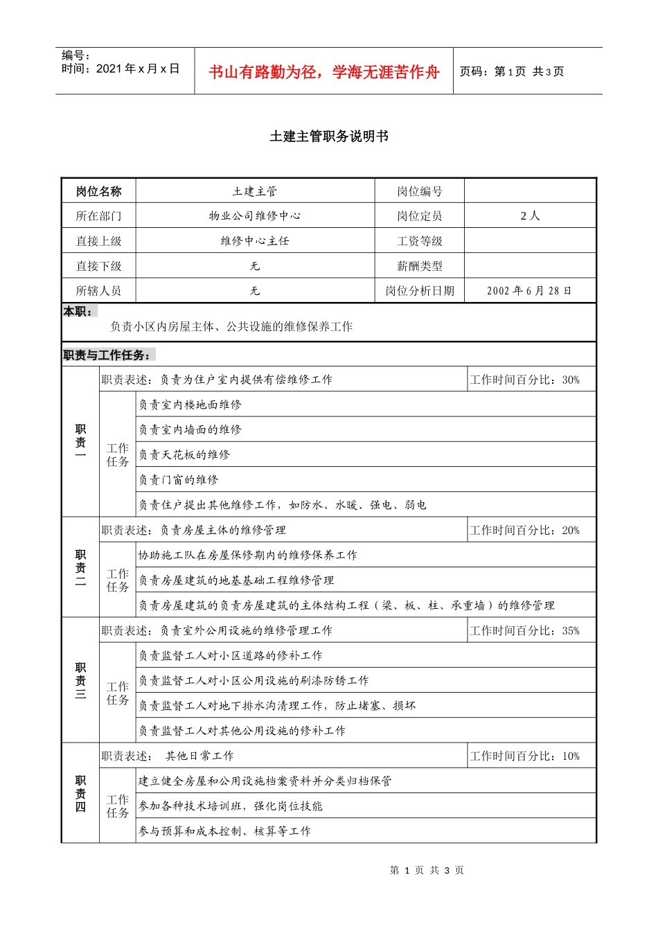 物业公司土建主管职务说明书_第1页
