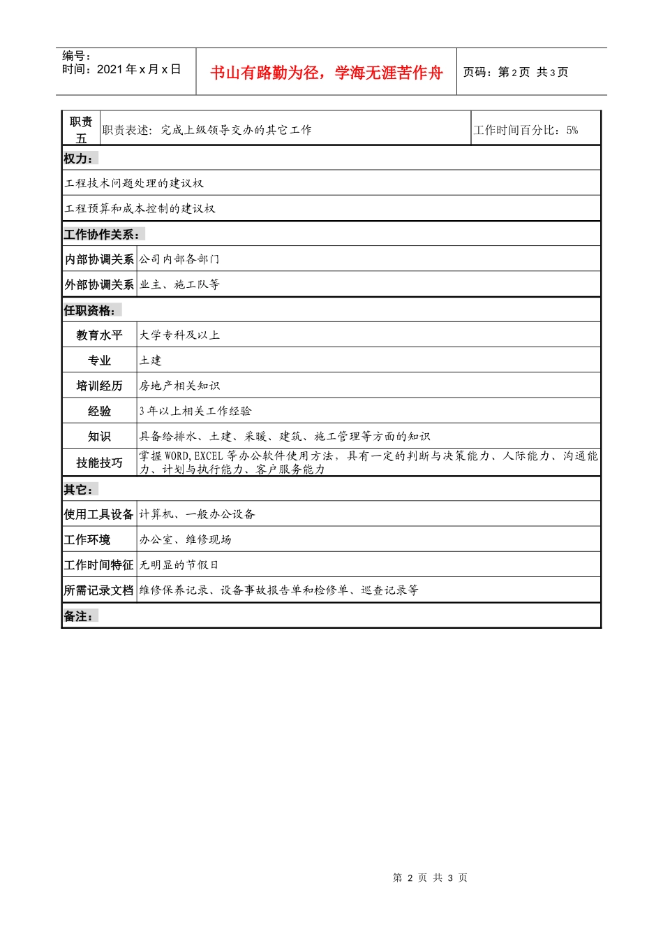 物业公司土建主管职务说明书_第2页