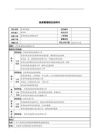 湖北新华医院药学部库房管理岗位说明书