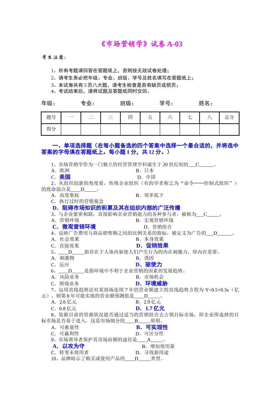 市场营销学试题及其答案已经打_第1页