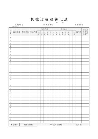 机械设备运转记录