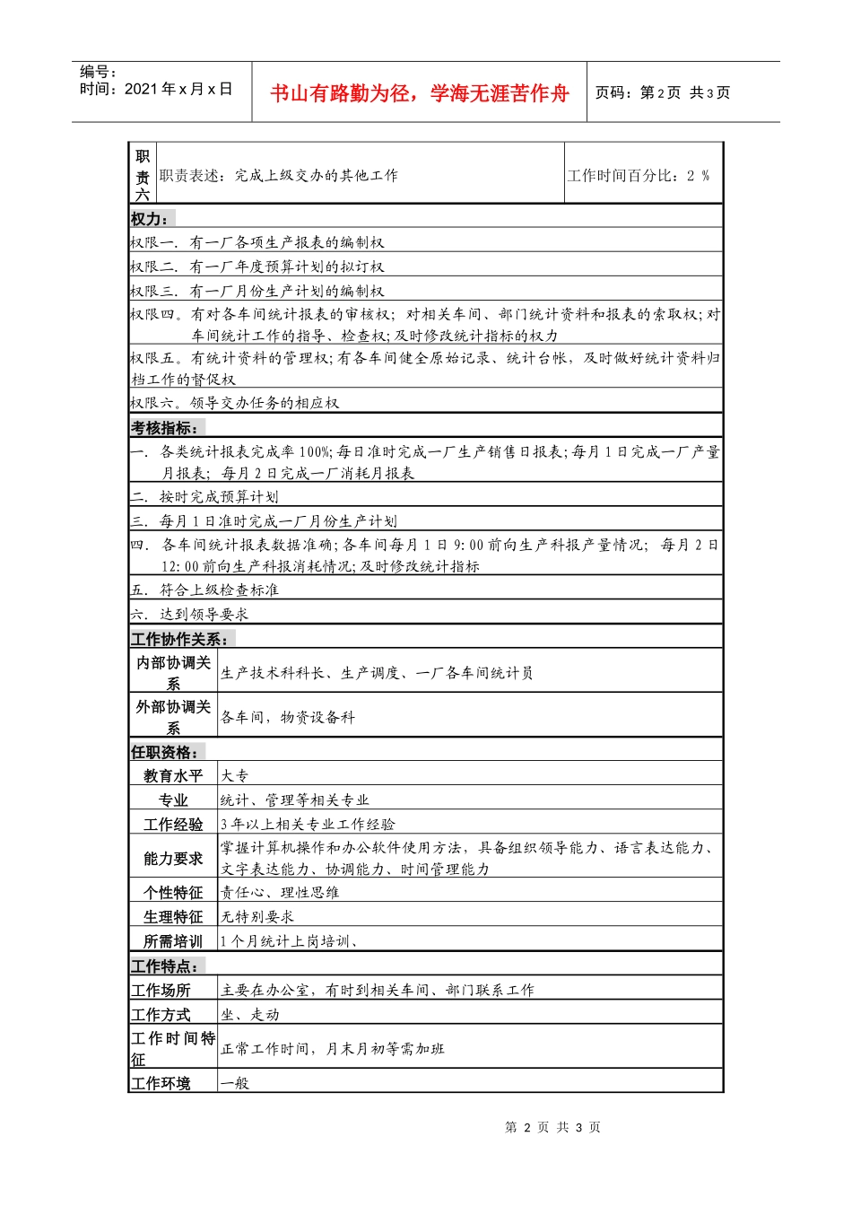 某啤酒企业分厂统计员岗岗位说明书_第2页