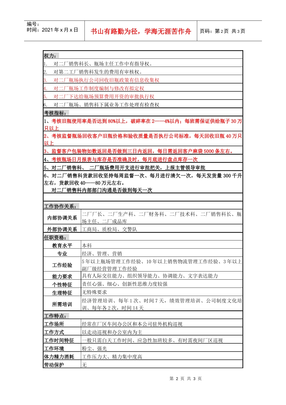 某啤酒企业经营副厂长职务说明书_第2页