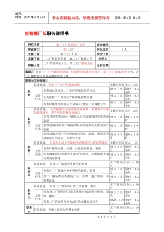 某啤酒企业经营副厂长职务说明书