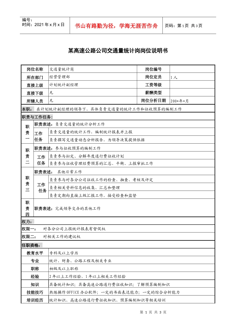 某高速公路公司交通量统计岗岗位说明书_第1页