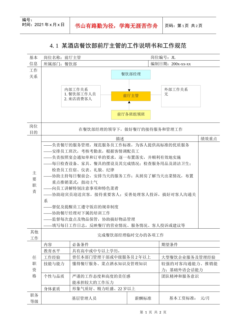 某酒店餐饮部前厅主管的工作说明书和工作规范_第1页