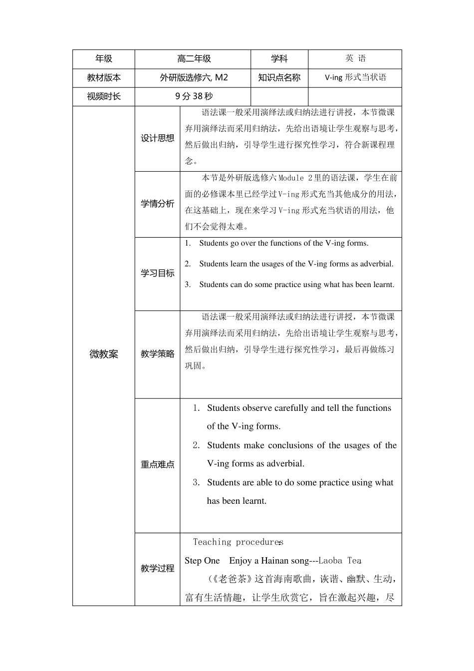 V-ing形式当状语微课教学设计_第1页