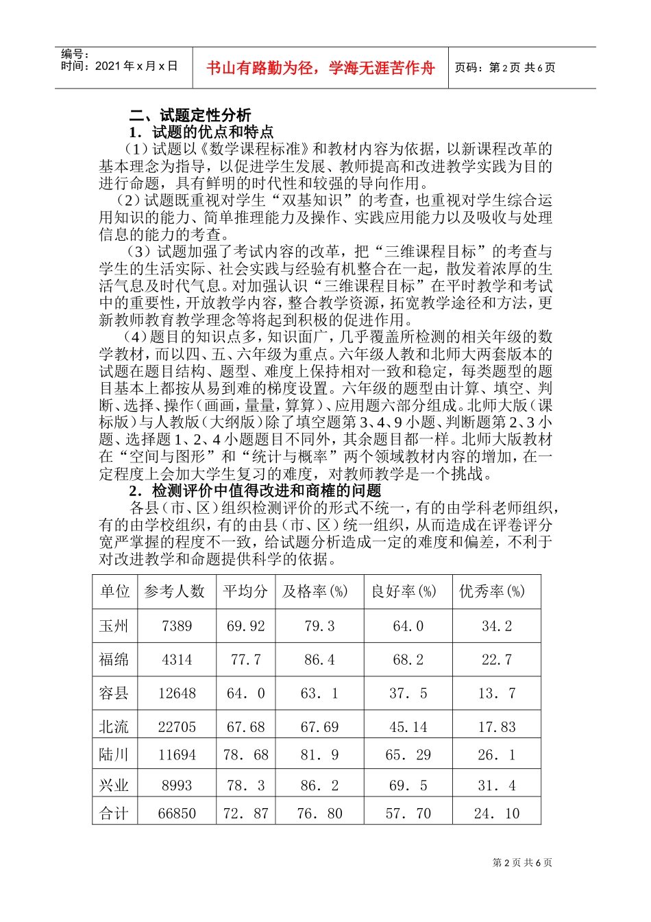 玉林市春季期小学数学六年级综合素质调研检测_第2页