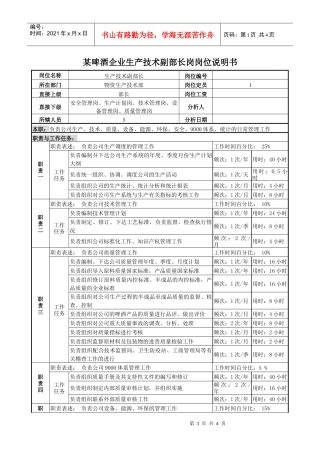 某啤酒企业生产技术副部长岗岗位说明书