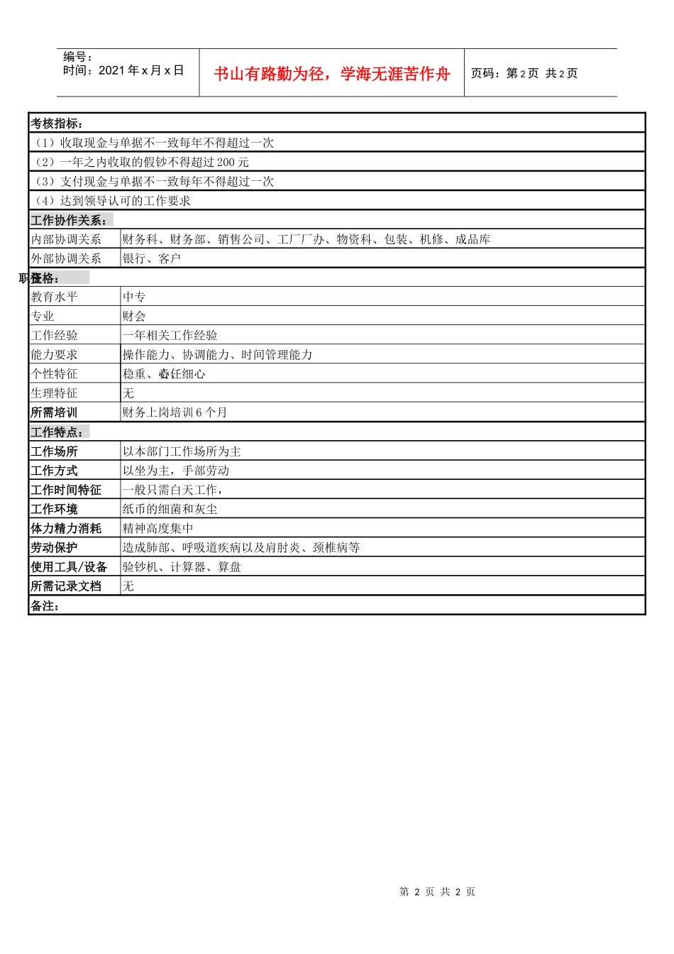 某啤酒企业分厂财务出纳a岗位说明书_第2页