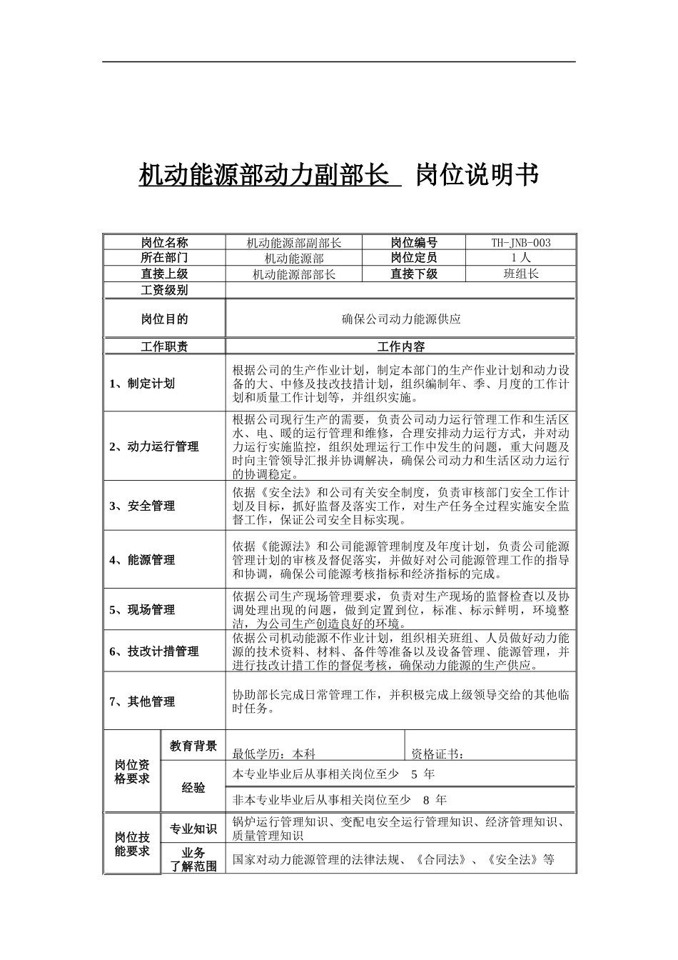 机动能源部动力副部长岗位说明书_第1页