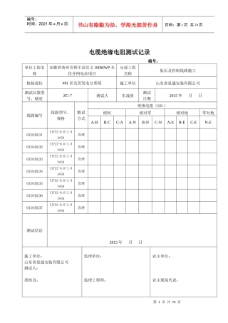 汇流箱至直流柜电缆绝缘电阻测试记录