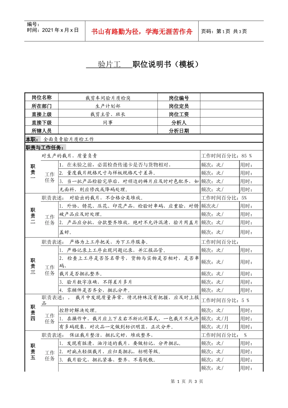 某服装生产企业生产部验片工职位说明书_第1页