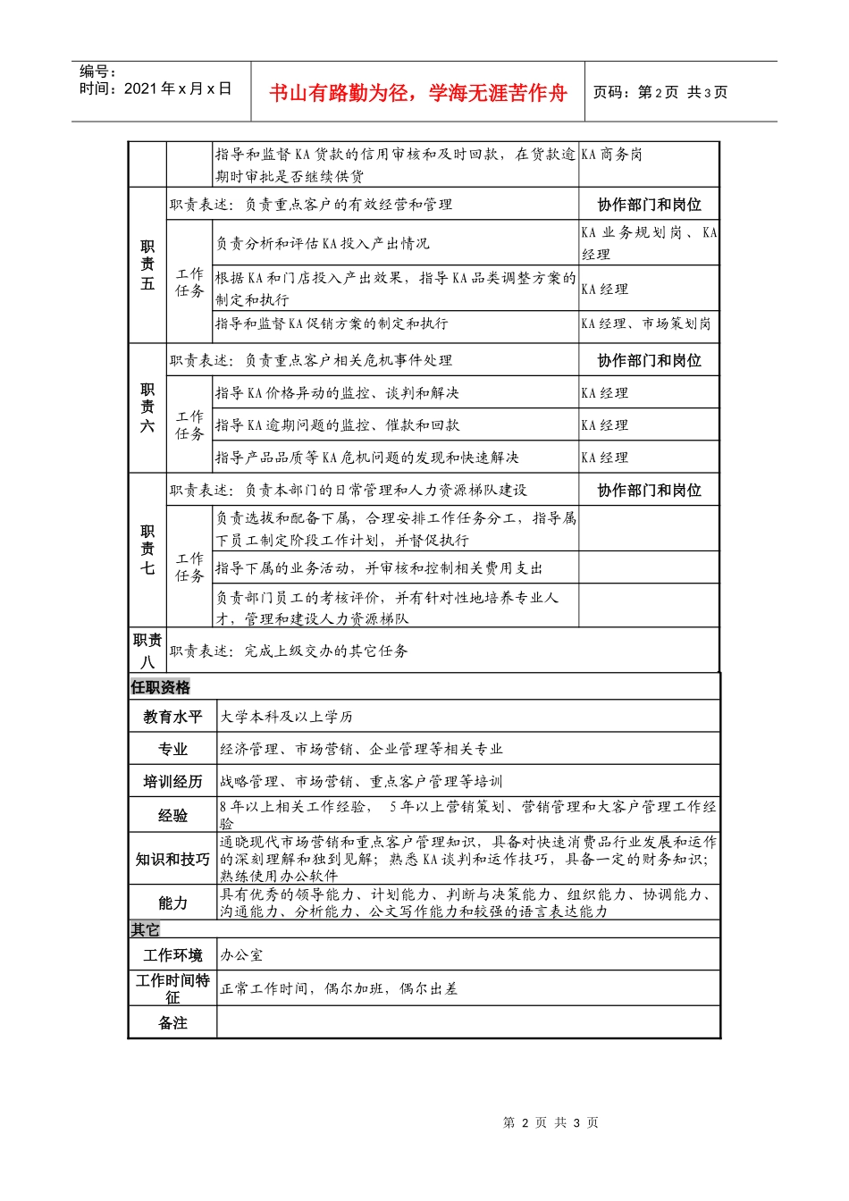 日化企业重点客户总监岗位说明书_第2页