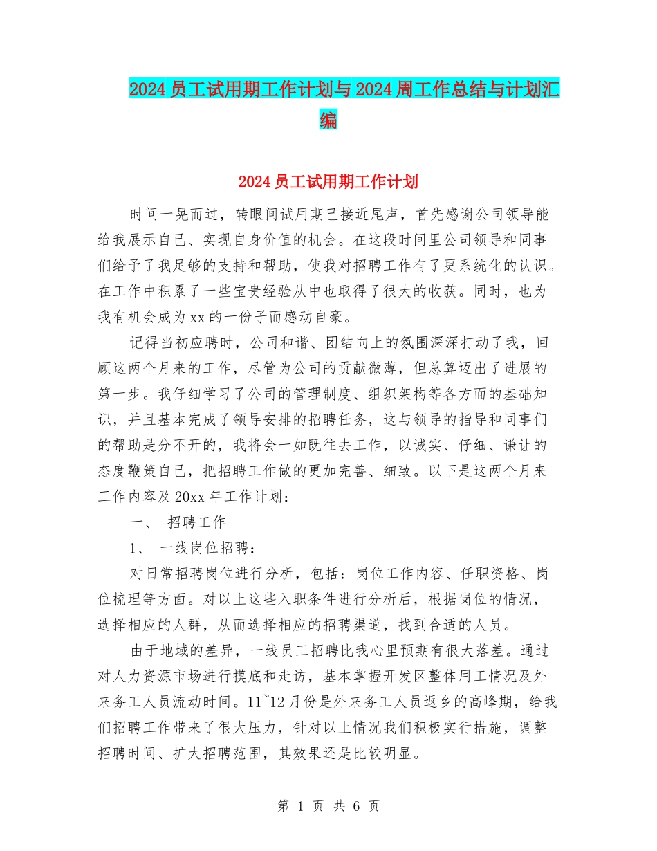 2024员工试用期工作计划与2024周工作总结与计划汇编_第1页