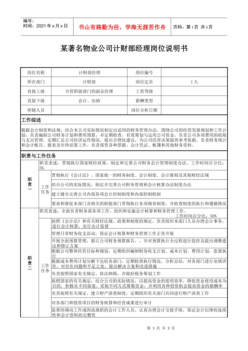 某著名物业公司计财部经理岗位说明书_第1页