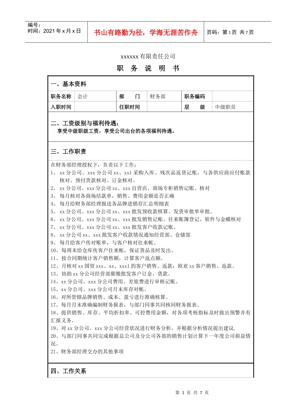 某服装企业财务部中职会计职位说明书_第1页