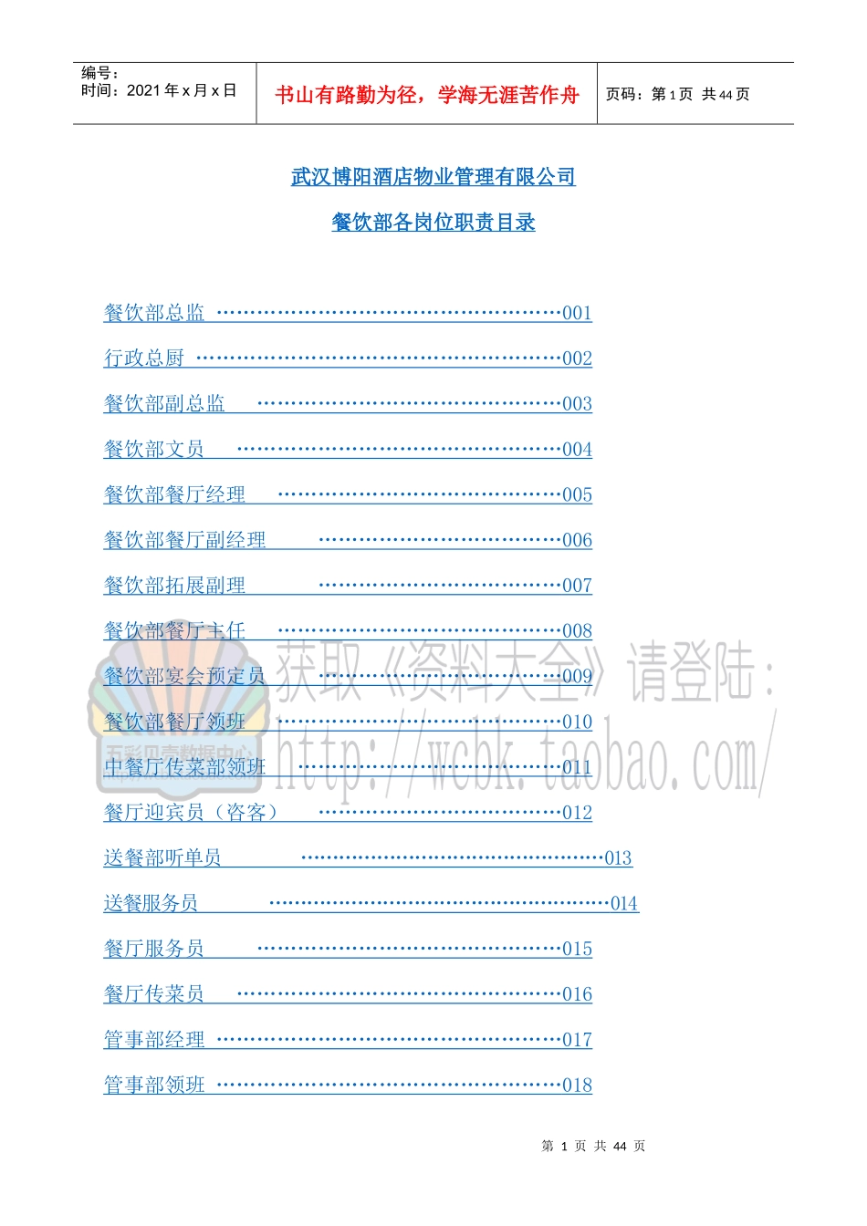 武汉XX酒店物业管理有限公司餐饮部岗位职责(103_第1页