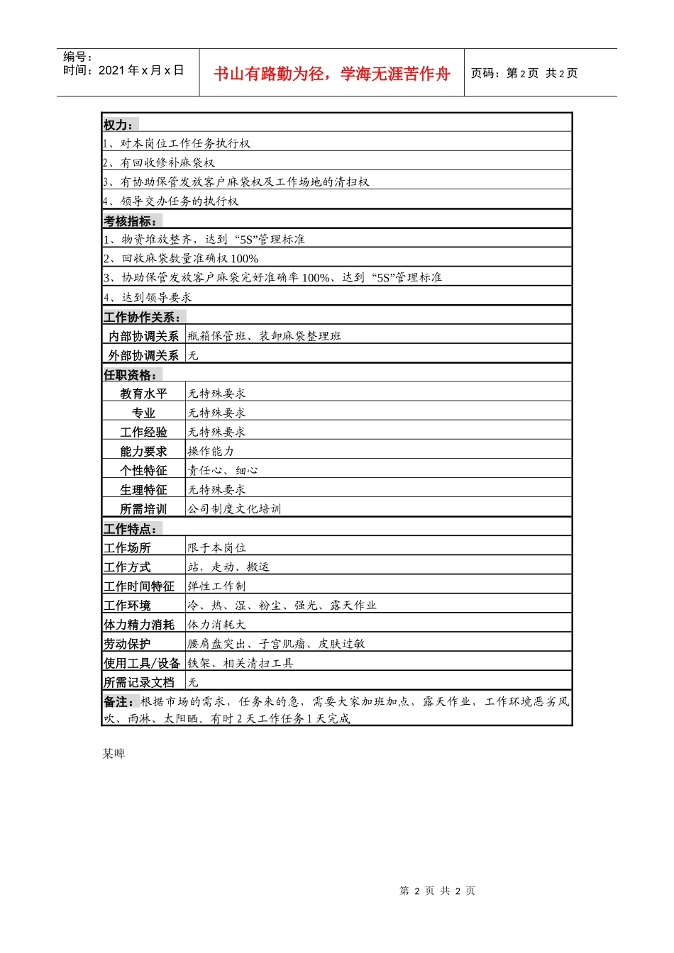 某啤酒企业瓶厂装卸分拣a岗（分拣）岗位说明书_第2页