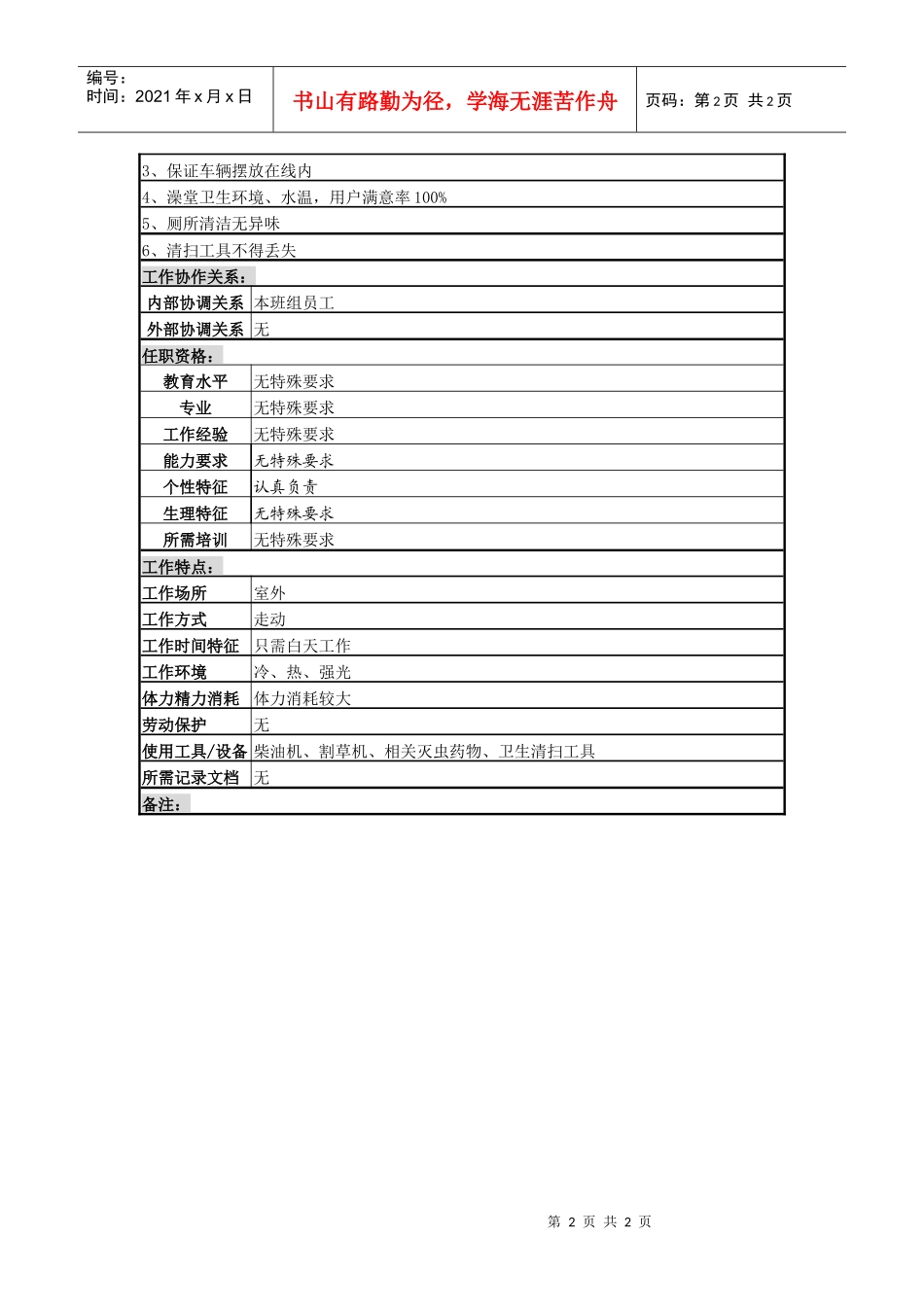 某啤酒企业分厂卫生管理员岗岗位说明书_第2页