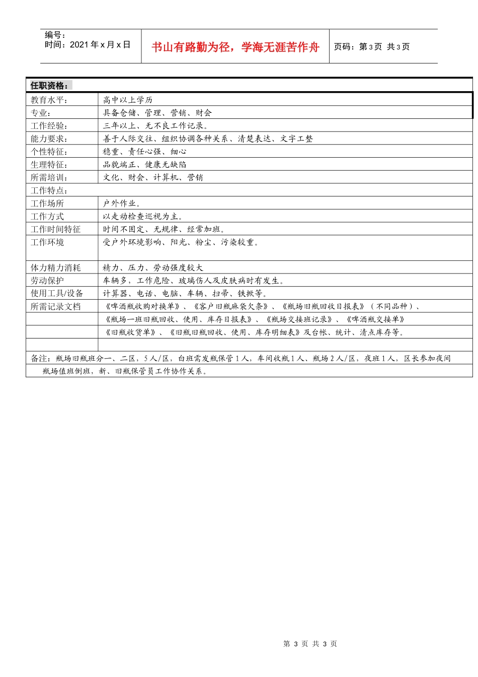 某啤酒企业瓶厂旧瓶保管岗位说明书_第3页