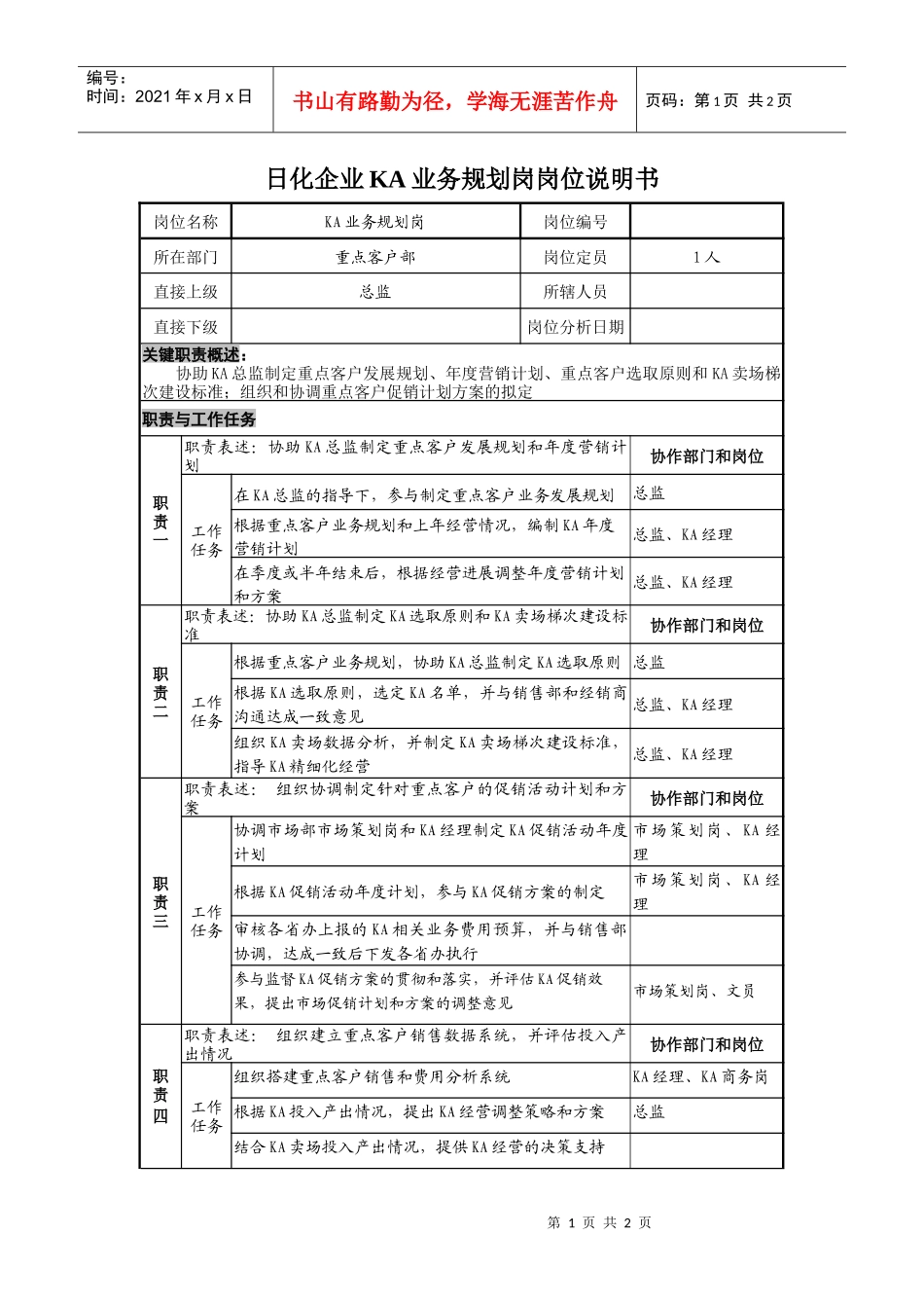 日化企业ka业务规划岗岗位说明书_第1页