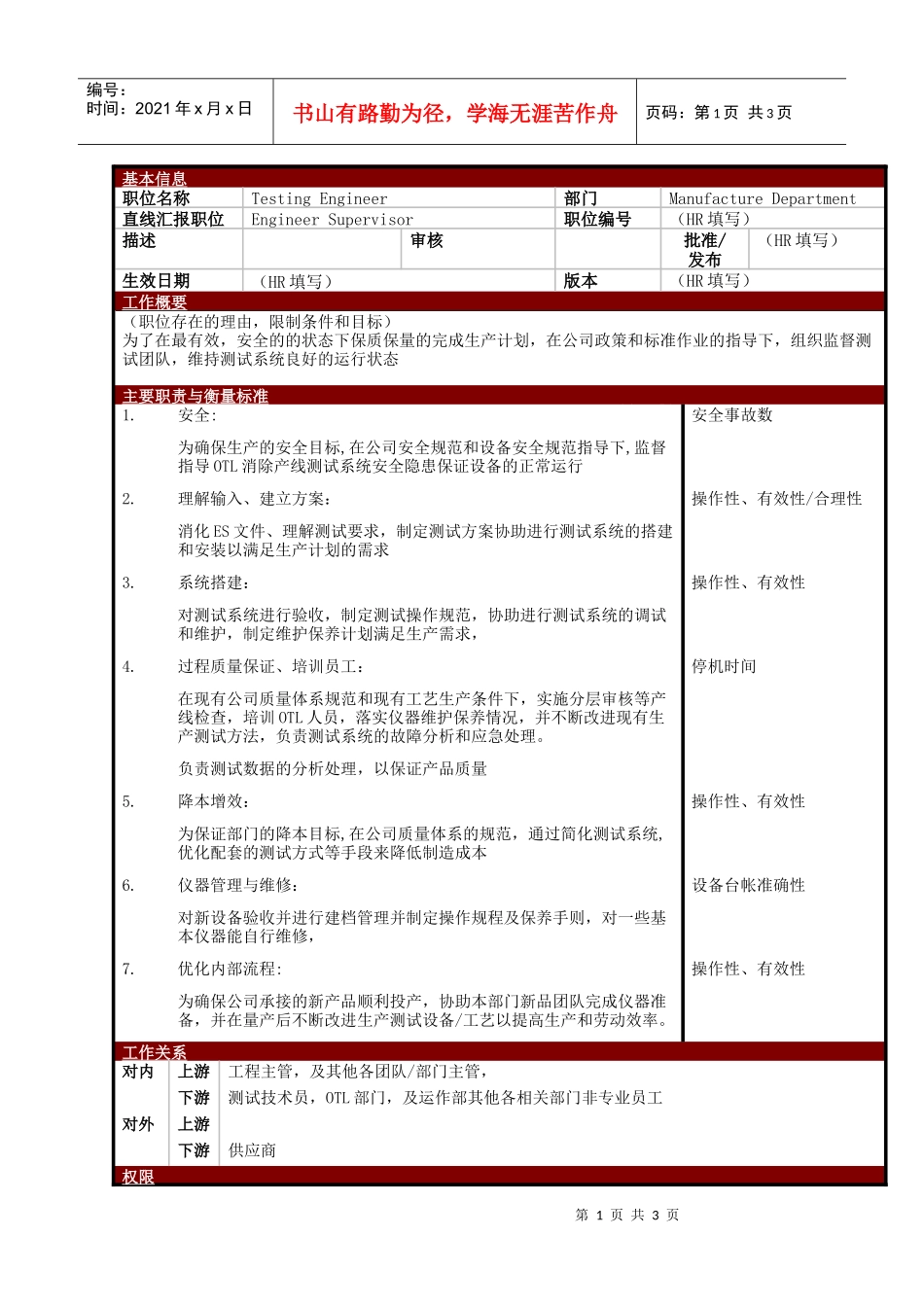 某大型电子公司制造部测试工程师职位说明书_第1页