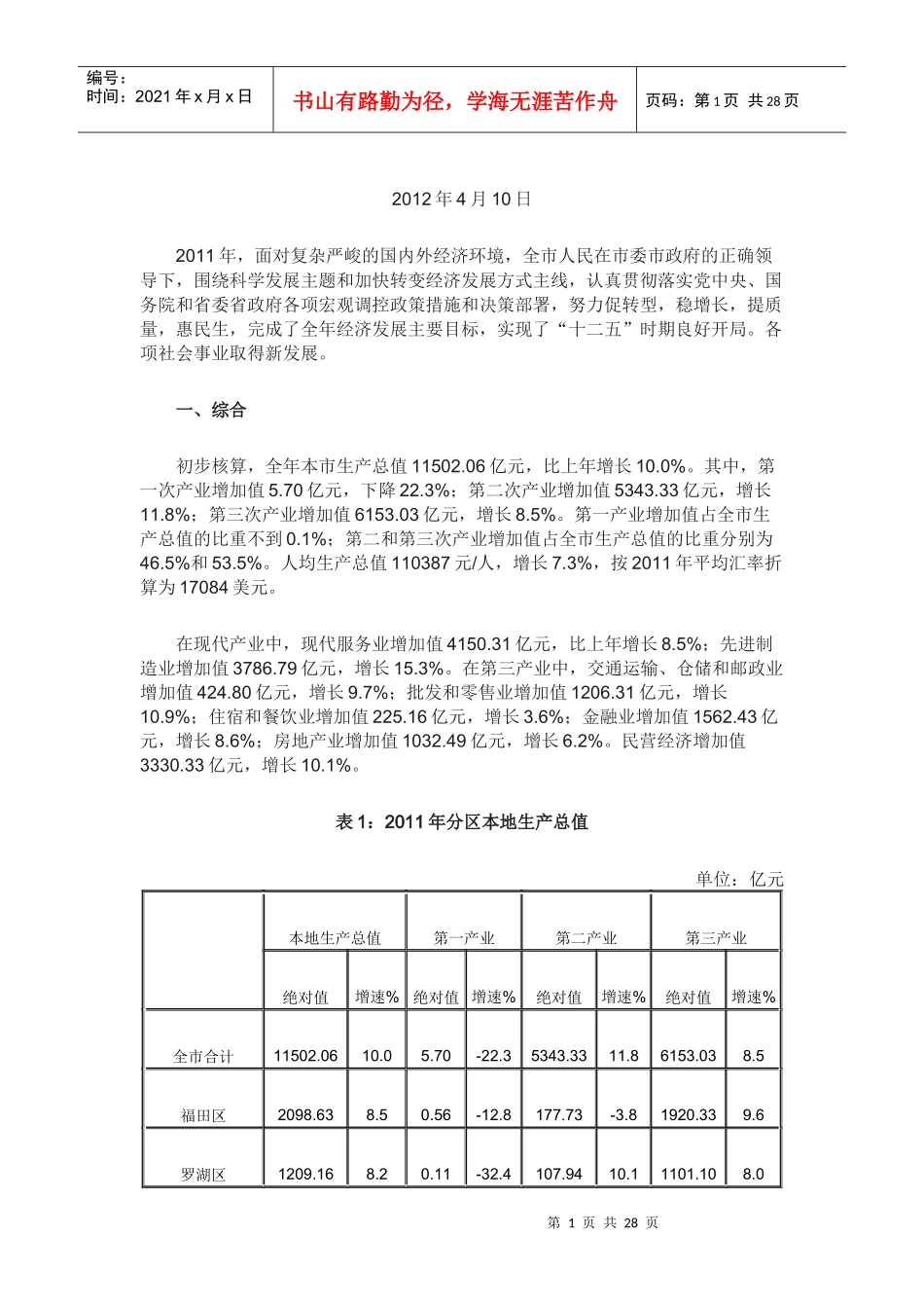 深圳市XXXX年国民经济和社会发展统计公报(1)_第1页