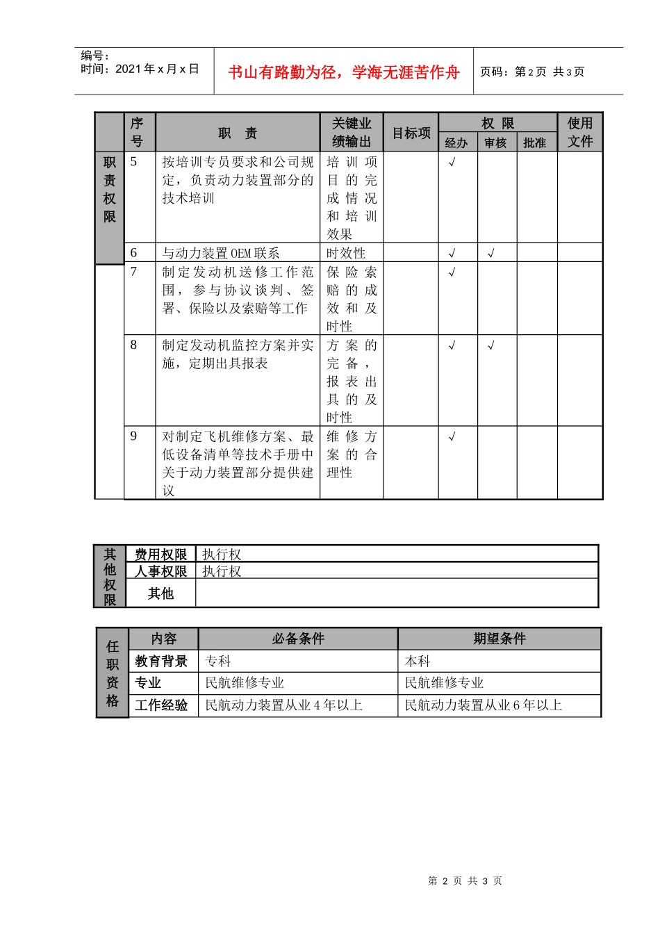 某航空物流公司动力装置工程师职位说明书及关键绩效标准_第2页