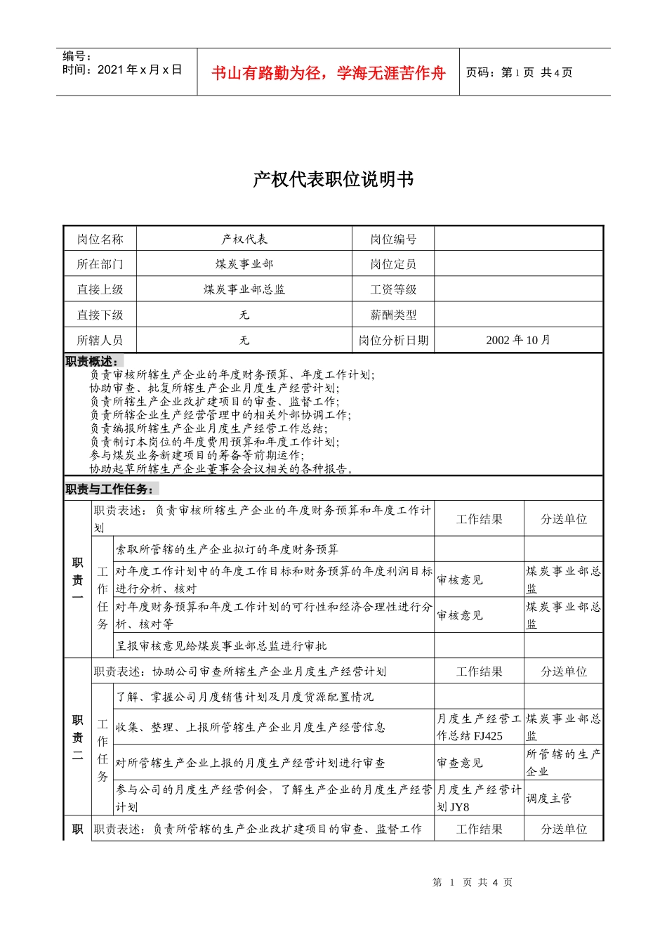 煤炭行业-集团公司-事业部-产权代表岗位说明书_第1页