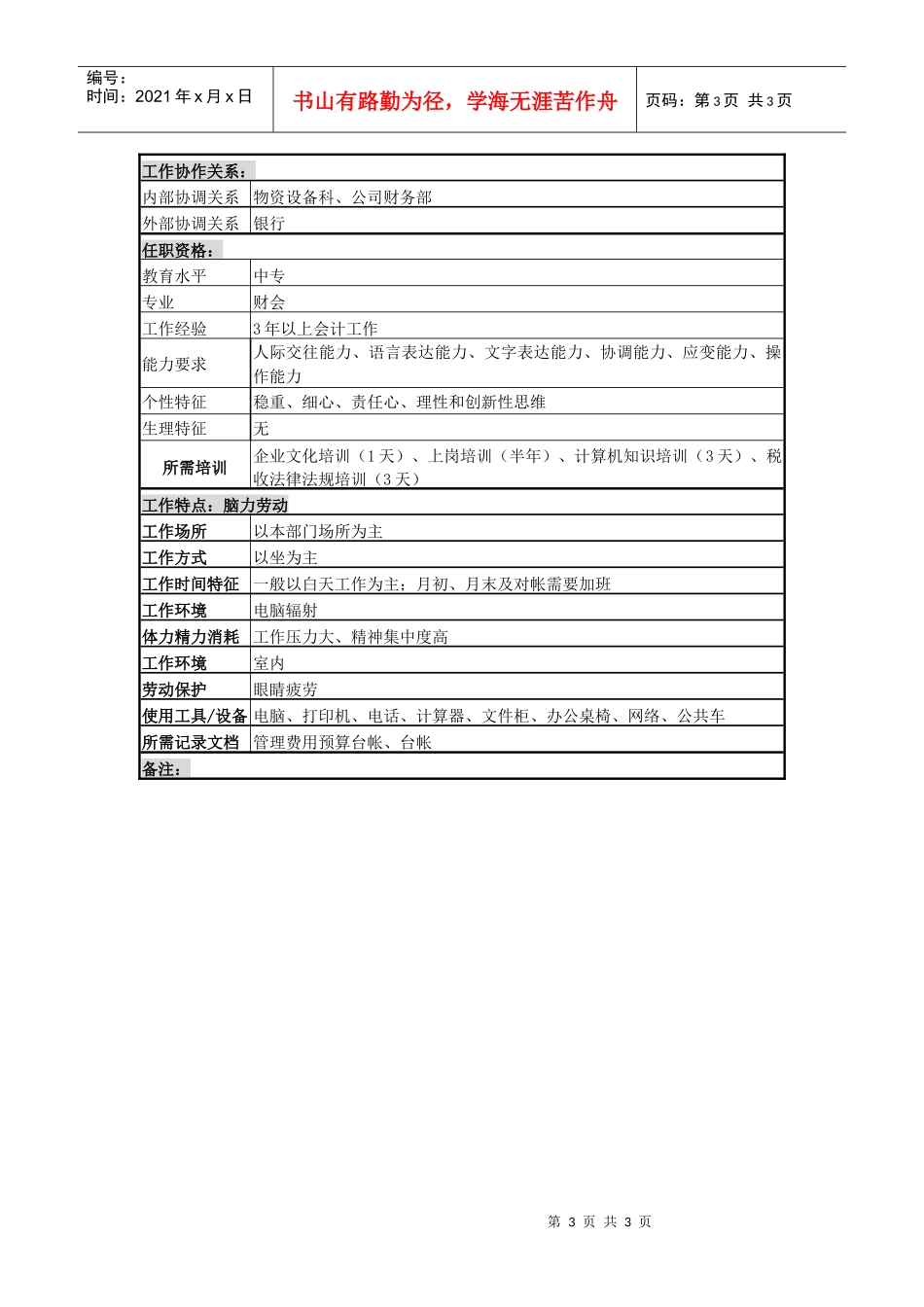 某啤酒企业分厂银行出纳岗位说明书_第3页