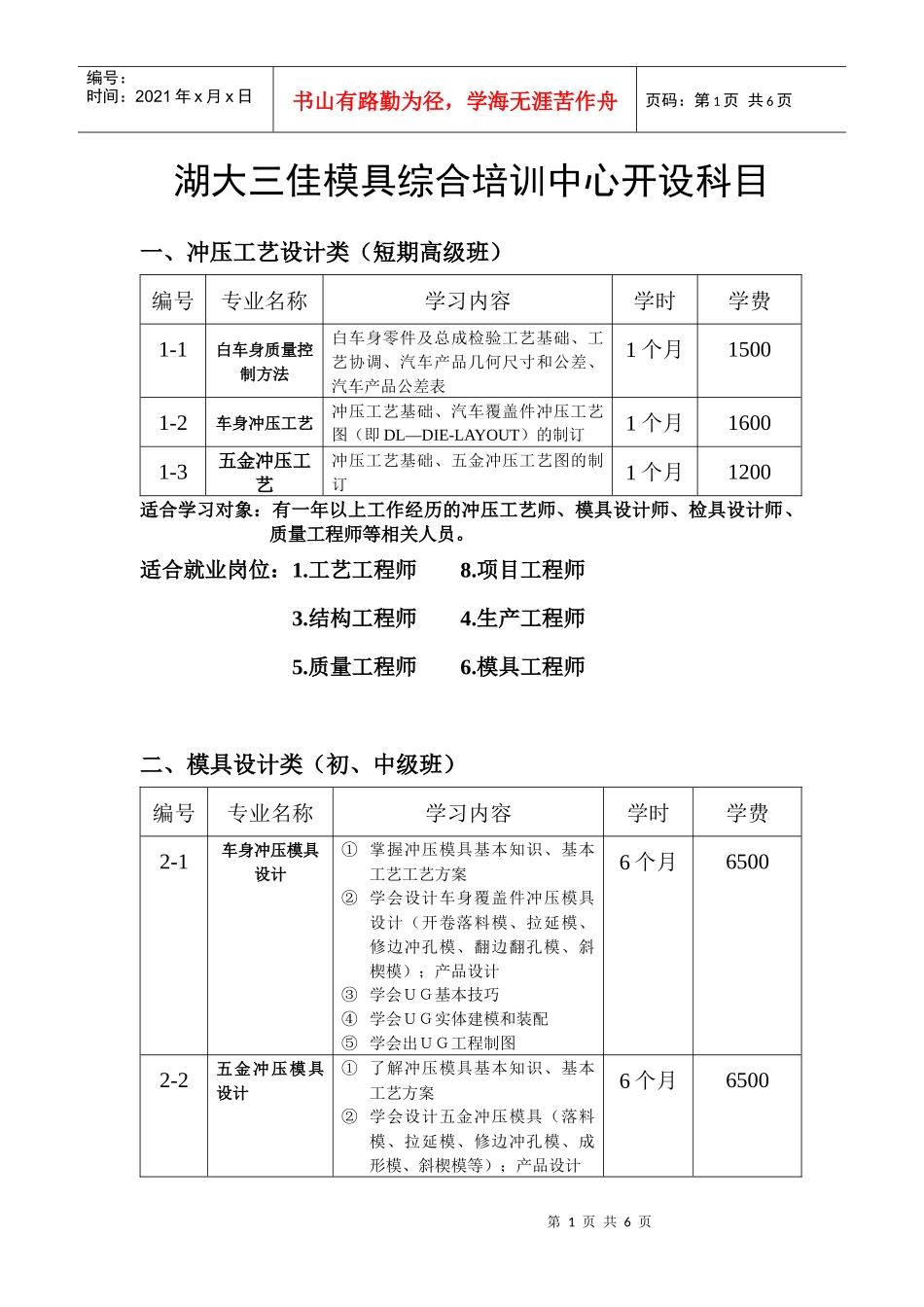 湖大三佳模具综合培训中心开设科目_第1页