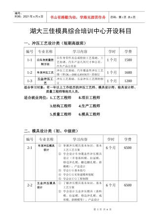 湖大三佳模具综合培训中心开设科目