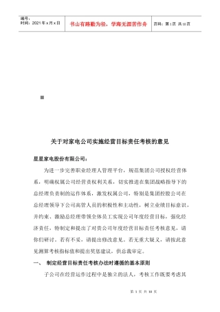 有关对家电公司实施经营目标责任考核的意见