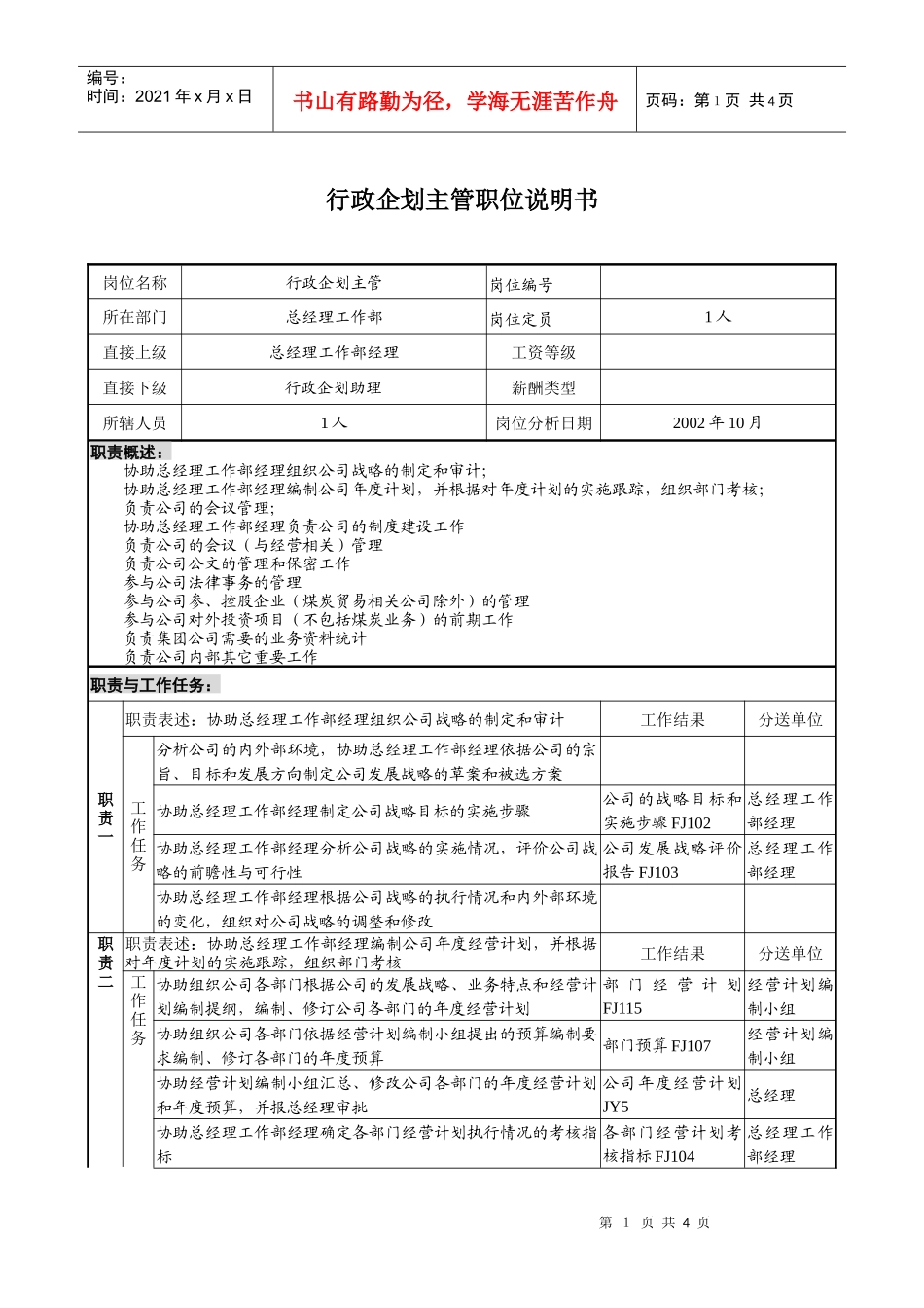 煤炭行业-集团公司-总经理工作部-行政企划主管岗位说明书_第1页
