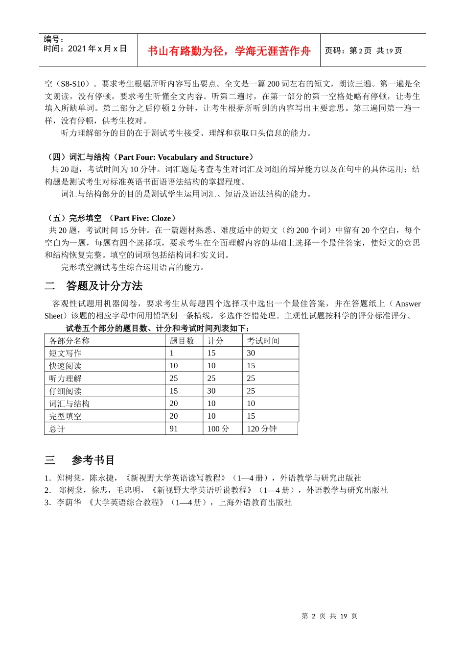 武汉工程大学XXXX年英语考试大纲_第2页