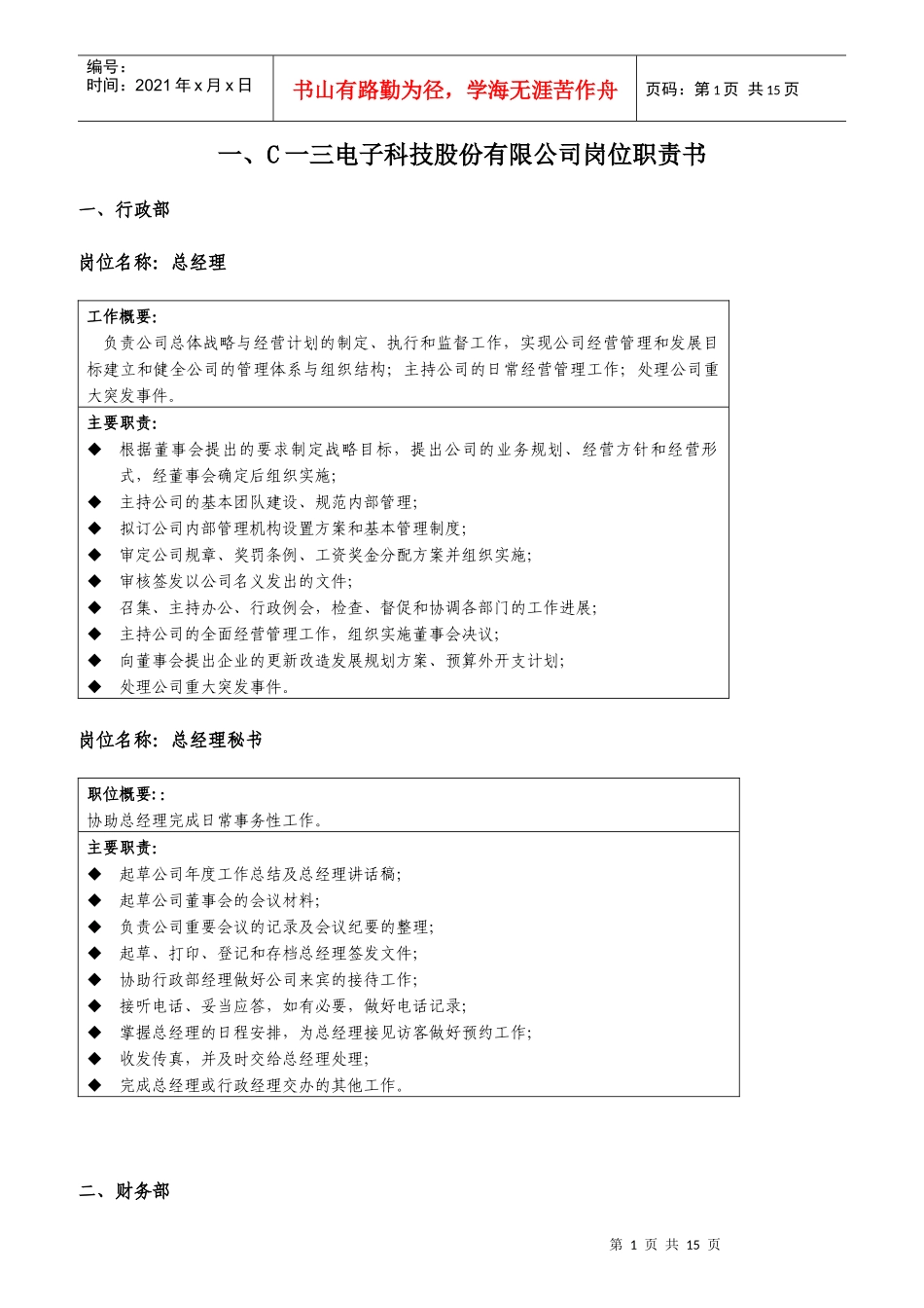 某电子科技股份公司岗位职责大全_第1页