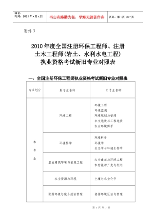 注册土木工程师(岩土、水利水电工程)执业资格考试新旧专业对照表